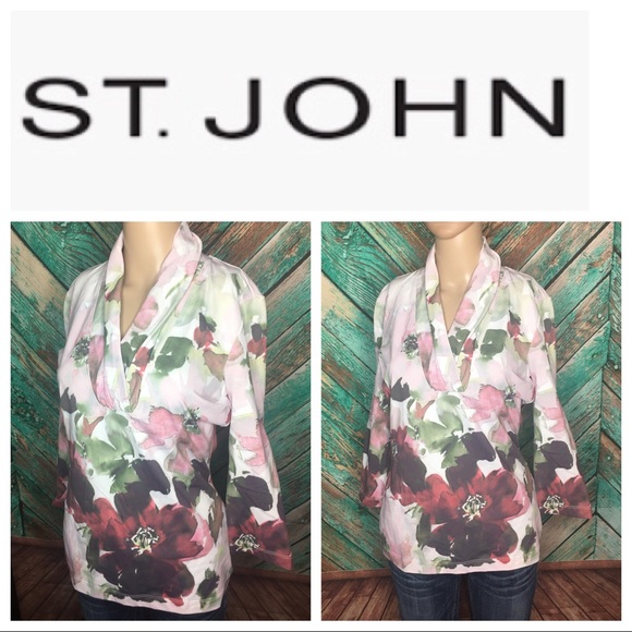 St. John Floral Ruched Collar Nylon Blend Blouse - Picture 1 of 5